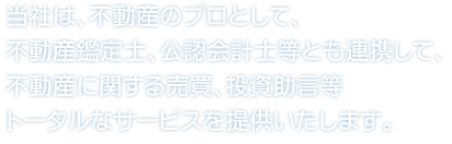 当社は、不動産のプロとして、不動産鑑定士、公認会計士等とも連携して、不動産に関する売買、投資助言等トータルなサービスを提供いたします。